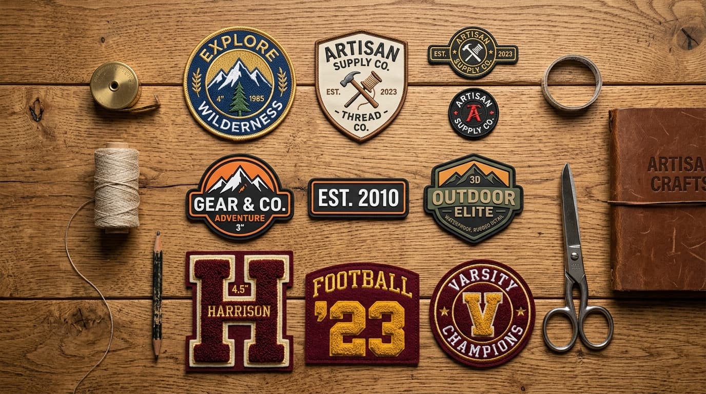 Power Digitizing custom patches showcase - embroidered, leather, PVC, and woven styles