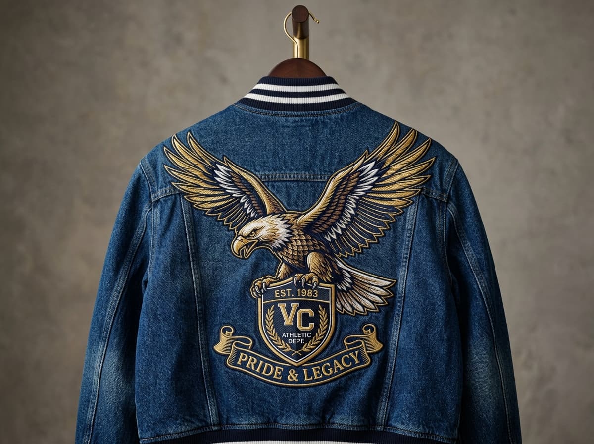 Large-format custom embroidered jacket back featuring rich eagle crest