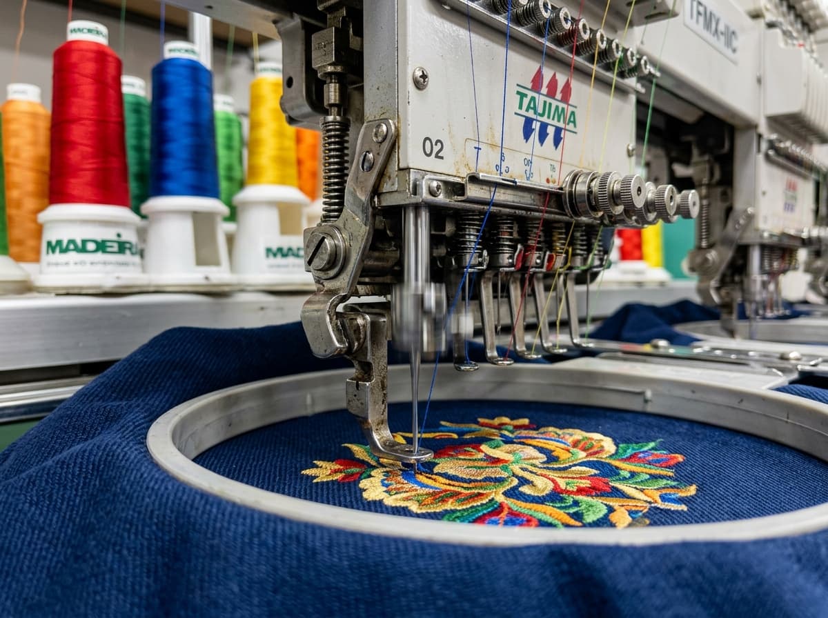 Commercial Tajima embroidery machine needle and thread tensioning
