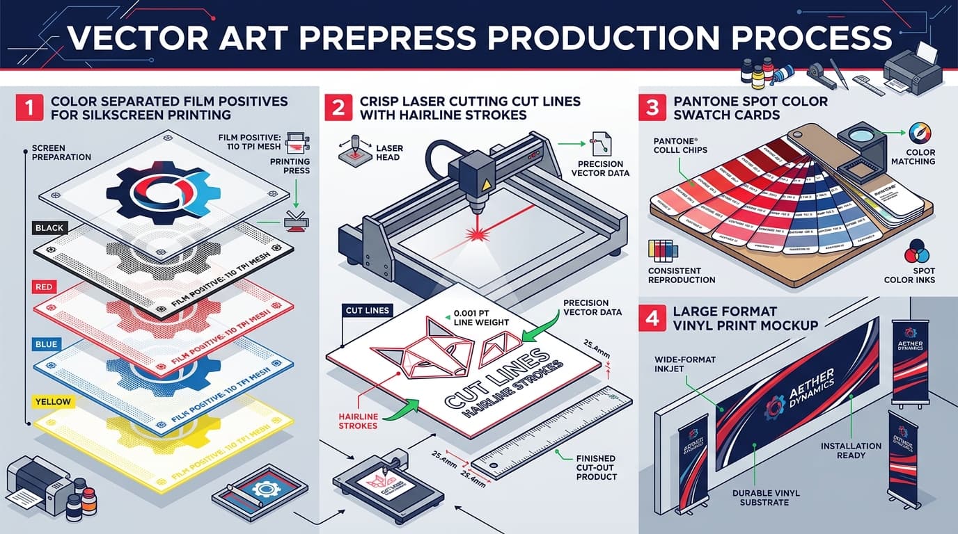 Vector Art Prepress Production Process infographic: Film Positives, Hairline Cut Lines, Pantone Swatch Cards, Large Format Vinyl