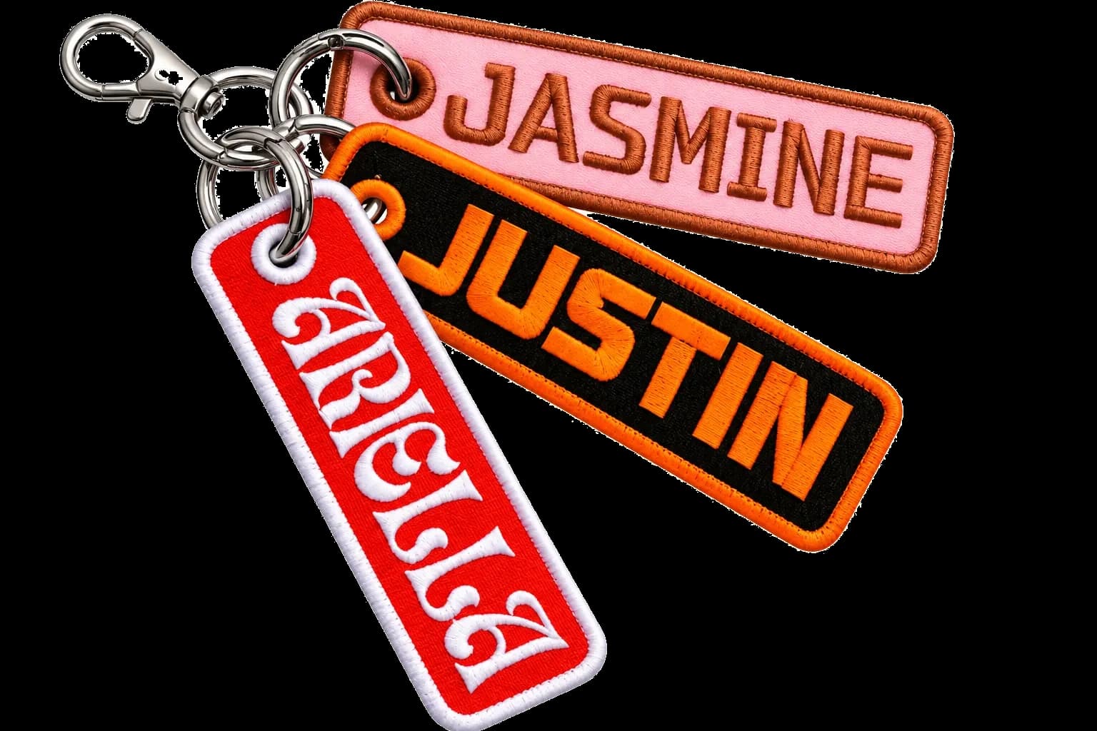 Personalized embroidered name key fobs with swivel clasps